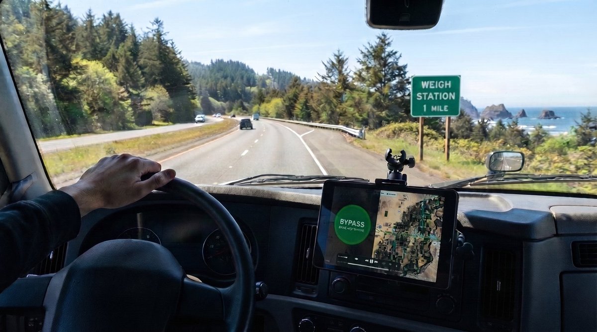 A view from inside a commercial vehicle on a scenic highway, showing a person's hand on the steering wheel. A tablet is mounted to the dashboard displaying navigation with a "Bypass" message. Outside, a road sign indicates a weigh station in 1 mile. The landscape features trees and a view of the ocean.