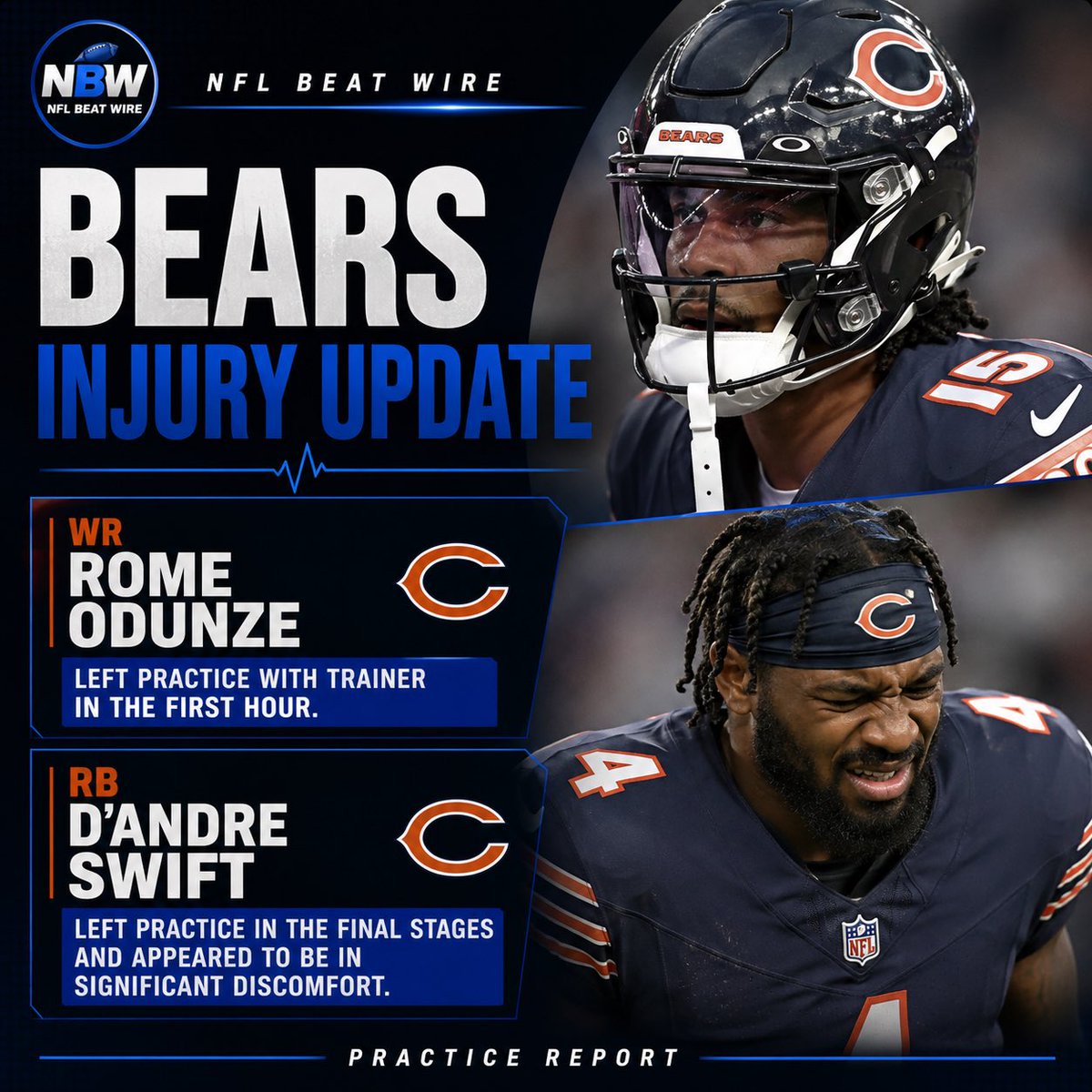 NFLBeatWire's tweet photo. 🚨 BEARS INJURY WATCH

Two notable Bears left their final padded practice early, per Dan Wiederer:

• WR Rome Odunze left with a trainer during the first hour.
• RB D’Andre Swift exited late and appeared to be in significant discomfort as he went inside.

No diagnosis or severity has been reported yet, so the next updates on both will be important.

📡 We’ll be tracking their status as more information becomes available.

#Bears #NFL #RomeOdunze #DAndreSwift