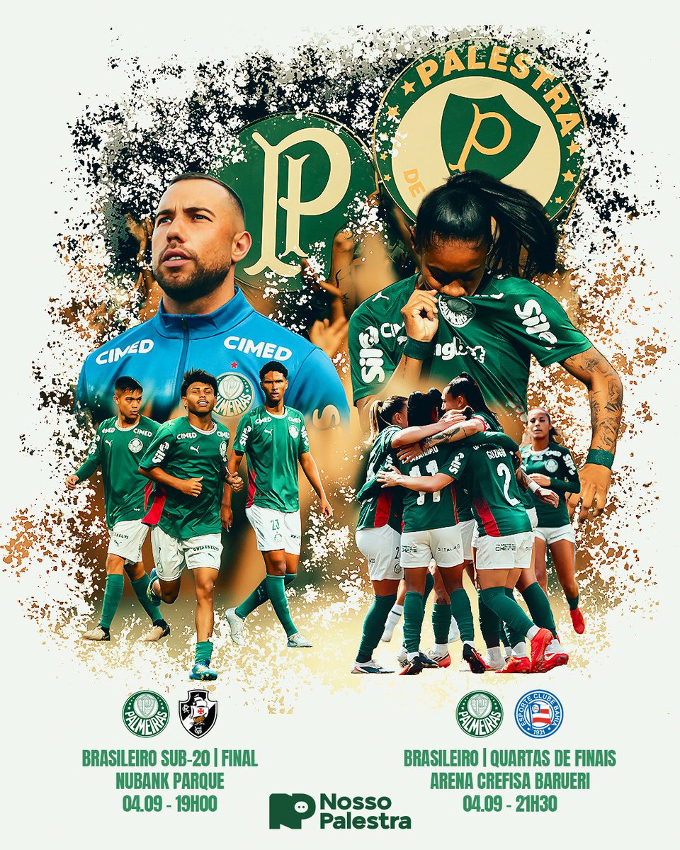 onossopalestra's tweet photo. DECISÃO EM DOSE DUPLA!

A sexta-feira vai colocar o coração do palmeirense à prova!

⚽️Palmeiras x Vasco
🏆Brasileiro Sub-20 | Final | Volta
🏟️Nubank Parque
🏫São Paulo/SP
⏰19h
📺SporTV

⚽️Palmeiras x Bahia
🏆Brasileirão Feminino | Quartas de Final | volta
🏟️Arena Crefisa Barueri
🏫Barueri/SP
⏰21h30
📺SporTV, TV Brasil e NSports

💻https://t.co/1nyN2gYAIZ

🎨 @ArtePalestrina  

#Palmeiras #NossoPalestra
🔔Ative as notificações