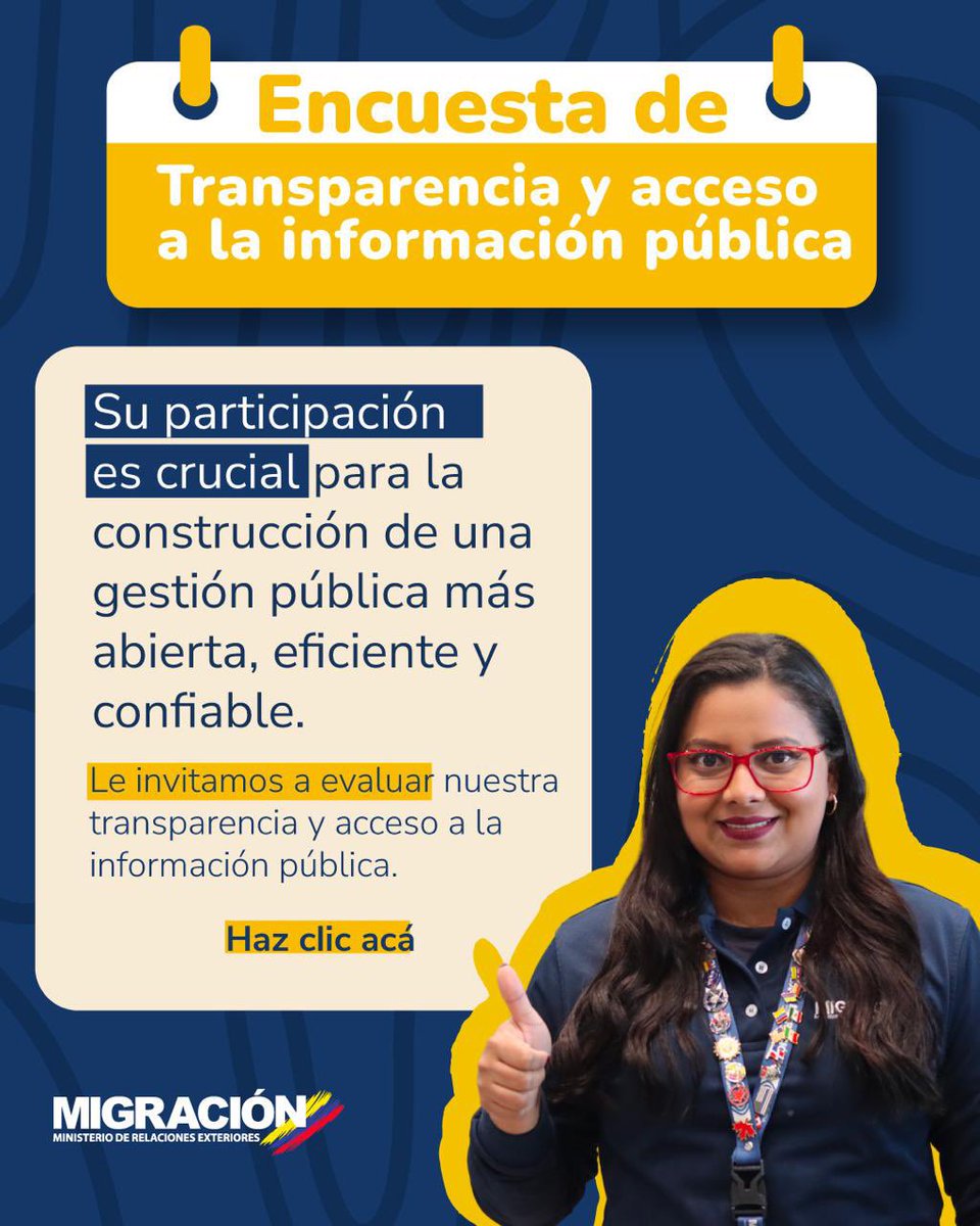 MigracionCol's tweet photo. Te invitamos a contestar nuestra encuesta de #Transparencia y Acceso a la Información que encontrarás en este enlace 👇 

https://t.co/YXKuz5sQHE https://t.co/h1eqMEZXs9