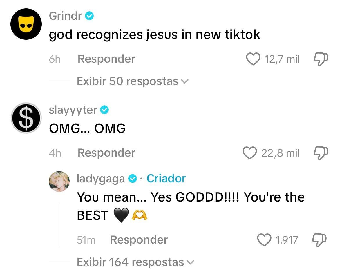 gagasourcelgs's tweet photo. "deus reconhece jesus em novo tiktok"

— Grindr comentando sobre Lady Gaga e Slayyyter. https://t.co/HQvvc5rKZZ
