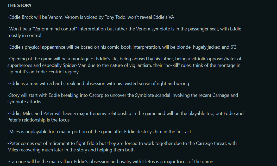 MovieExoddus's tweet photo. Another Venom 2027 leak found from Reddit. Looks like Eddie will be Venom, Peter is a major focus and the gameplay mechanics are heavily fleshed out https://t.co/Z9H9t3S5sq