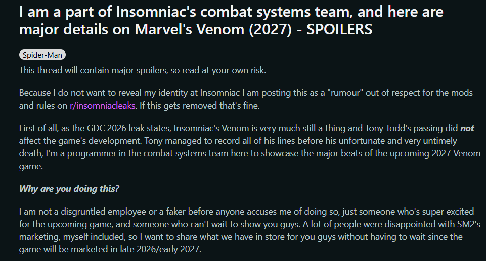 MovieExoddus's tweet photo. Another Venom 2027 leak found from Reddit. Looks like Eddie will be Venom, Peter is a major focus and the gameplay mechanics are heavily fleshed out https://t.co/Z9H9t3S5sq
