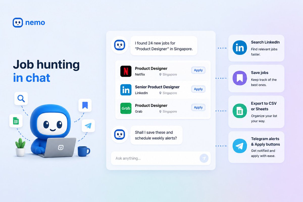 HeyNemoAI's tweet photo. My friend job hunts with LinkedIn in one tab and a spreadsheet in another.

Now Nemo finds the jobs, saves them, and texts her one a day with an Apply button.

She applied to eight last night. In her pajamas. https://t.co/lPOL7k4JAb