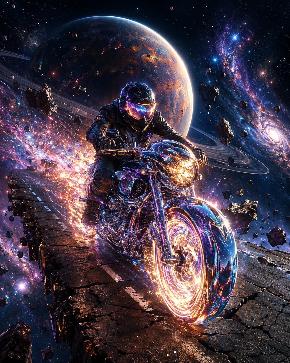 rxufnx's tweet photo. Some roads don't lead home. They lead to the edge of the world — and beyond. 🏍️🔥🌌

Made with ChatGPT Image.
Hey @grok — can you bring this cosmic biker to life with the same prompt?

#AIArt #MotorcycleArt #CosmicBiker #RXUFNX #ChatGPT #Grok #SurrealArt #WeirdArt #ViralArt https://t.co/v9yWBJFcLT