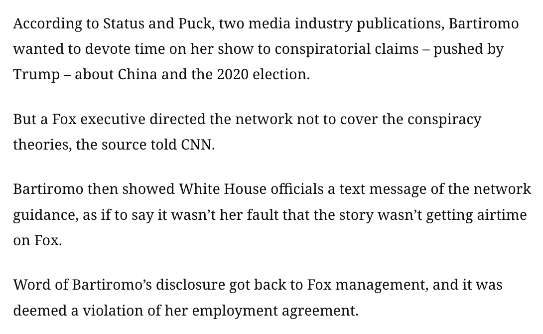 brianstelter's tweet photo. The immediate impetus for Maria Bartiromo's shocking ouster from Fox News was her disclosure of confidential information to the Trump White House, a source told CNN https://t.co/YQUAVxXzHQ https://t.co/hNnsC969uw