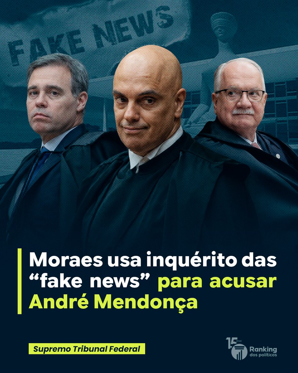 RankPolitico's tweet photo. Acuado pelas revelações do Caso Master, o ministro Alexandre de Moraes usou o inquérito das "fake news" para pedir a investigação do colega André Mendonça. A medida ocorre logo após Mendonça dar transparência aos documentos da Polícia Federal que expõem o envolvimento de Moraes com o banqueiro Daniel Vorcaro.

A manobra é uma clara tentativa de intimidação. Em vez de vir a público explicar por que o seu perfil editou um contrato de R$ 131 milhões e o motivo de trocar mensagens sigilosas com um investigado às vésperas de sua prisão, Moraes escolhe atacar o relator do caso. É a velha tática de tentar criminalizar o fiscalizador para abafar os fatos.

Para isso, ele recorre a um inquérito com um histórico sombrio. Vale lembrar que essa mesma investigação começou censurando veículos de imprensa por publicarem uma reportagem verdadeira, simplesmente porque o conteúdo incomodava o ministro Dias Toffoli. Hoje, a ferramenta volta a ser usada como arma para proteger interesses pessoais e atacar quem ousa investigar o alto escalão.

O Brasil não pode aceitar que o Judiciário funcione como uma barreira de proteção para os seus próprios membros. As evidências contra Moraes são gravíssimas, escancaram uma promiscuidade inaceitável com investigados e exigem responsabilização imediata, e não retaliações institucionais. O Senado precisa agir!