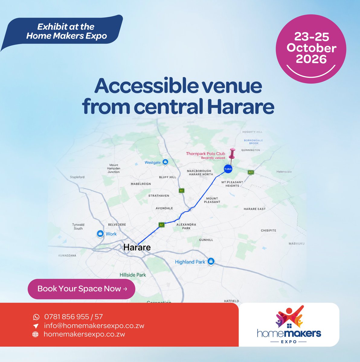 HomeMakersExpo's tweet photo. Home Makers Expo 2026 is conveniently located at Thornpark Polo Grounds, with easy access from Central Harare. Whether you’re coming from the CBD or surrounding suburbs, getting to the expo is simple.

Save the date &amp; plan your route! See you there!!!
#everythinghome https://t.co/d34K1Dv7Ta