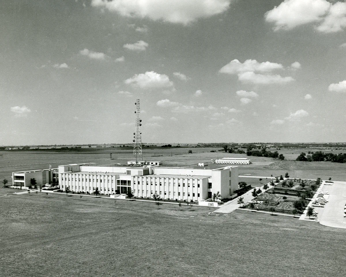 Black-and-white photo of Founders Building (circa 1964) on land that would one day become UT Dallas