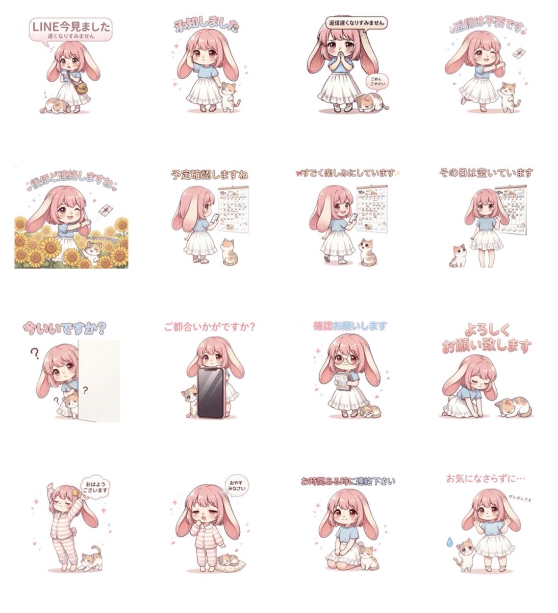 ichigo5AI_creat's tweet photo. 【うさぎのミミちゃんシリーズ】
🌸　『毎日使える敬語』発売中です🌸

「予定確認しますね」
「ご都合いかがですか？」
など、敬語で使えるLINEスタンプを作りました☆

#LINEスタンプ
#ラインスタンプ https://t.co/xyhkcqTjQK