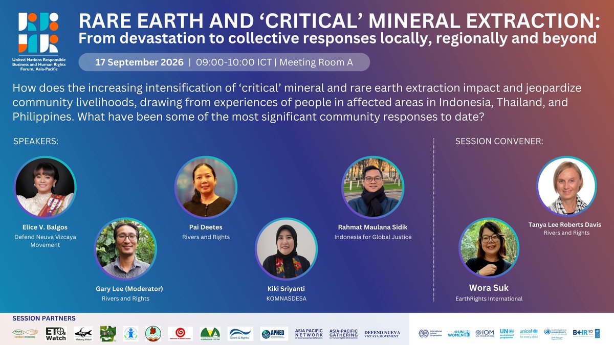 EarthRightsIntl's tweet photo. On Sept. 17, #EarthRights joins community &amp; civil society partners at #UNRBHR2026 to discuss the impacts of #RareEarth extraction and collective responses to protect people, communities &amp; the environment.

Learn about who bears the cost and more: 🔗 https://t.co/PzygsyrSGT https://t.co/yAx1FEx1M4