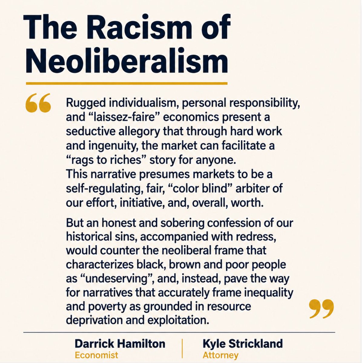 EvonomicsMag's tweet photo. Economist @DarrickHamilton: "It is no surprise that by the 1970s, at a time when the unionization rates of black Americans exceeded those of white Americans, there was an attack on organized labor, civil rights and government intervention more generally. Corporate elites framed the social, political, and economic gains of black Americans as a threat to the economic and cultural positioning of whites and the white working class. What followed were policies that pushed for deregulation, tax cuts for the wealthy, punitive control of the underclass, and the dismantling of labor organizing. Thinly veiled stigmatization based on anti-blackness was strategically used as political fodder to divide the working class by race, characterizing government actions on behalf of social welfare as inefficient and unfairly biased towards tipping the scales to undeserving “welfare queens”, “super predators”, and “deadbeat dads”. Read more: https://t.co/AvaYQ3Mzsp