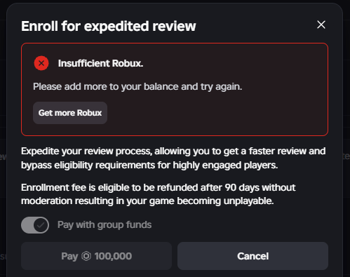 ariex6000's tweet photo. How come I have to use group funds to buy the 100k publishing fee? @Roblox https://t.co/Da8jobMiTl