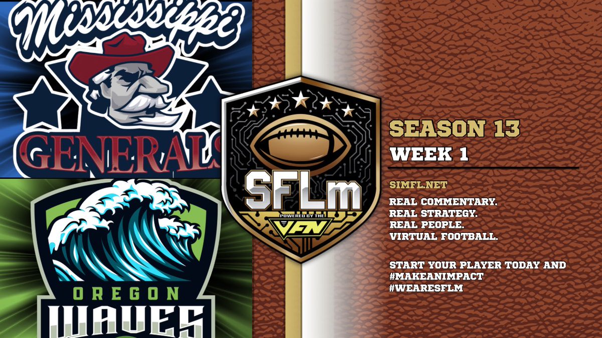SimulationFLm's tweet photo. Week 1 season opener of the SFLm Season 13 is officially open!  

As one new SFLm franchise starts its journey against a seasoned franchise!
Oregon Waves host Mississippi Generals! Tune in!

📺 https://t.co/PmnQ2NVcKv
JOIN ➡️ https://t.co/XDVs3IiHBA
#MakeAnImpact #SFLm https://t.co/GkWHZC2bUc