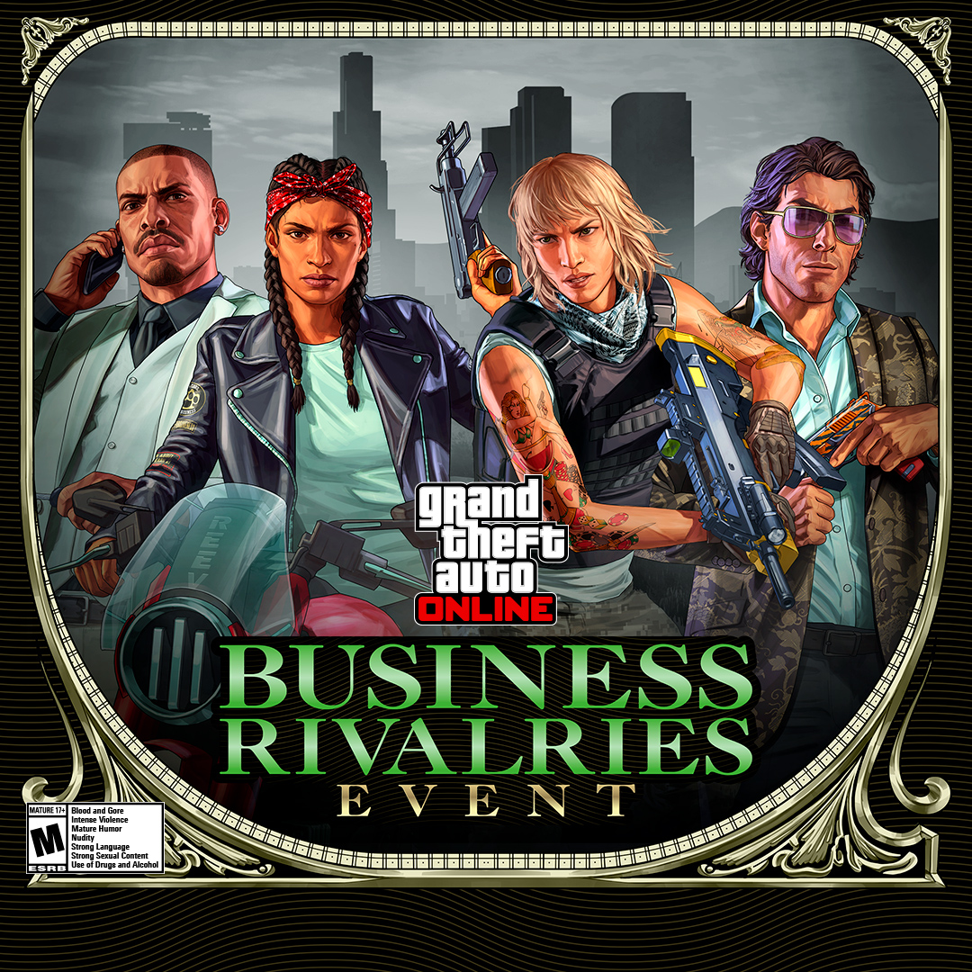 RockstarGames's tweet photo. Put your criminal enterprises to work during the GTA Online Business Rivalries Event, with free properties and profitable bonuses for Executives, Bikers, Gunrunners, and Nightclub Owners.

Plus, complete the Weekly Challenge for GTA$1M and a selection of rare gear each week.