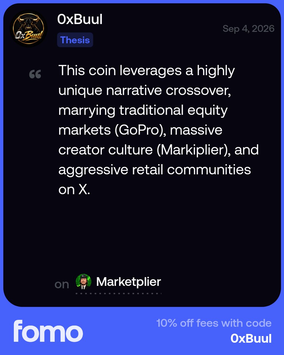 0xBuul's tweet photo. If this didn't convince you to buy and hodl idk what will. This is the last chance for you to grab $MARKET
at sub $500k

Thesis: This coin leverages a highly unique narrative crossover, marrying traditional equity markets (GoPro), massive creator culture (Markiplier), and aggressive retail communities on X.