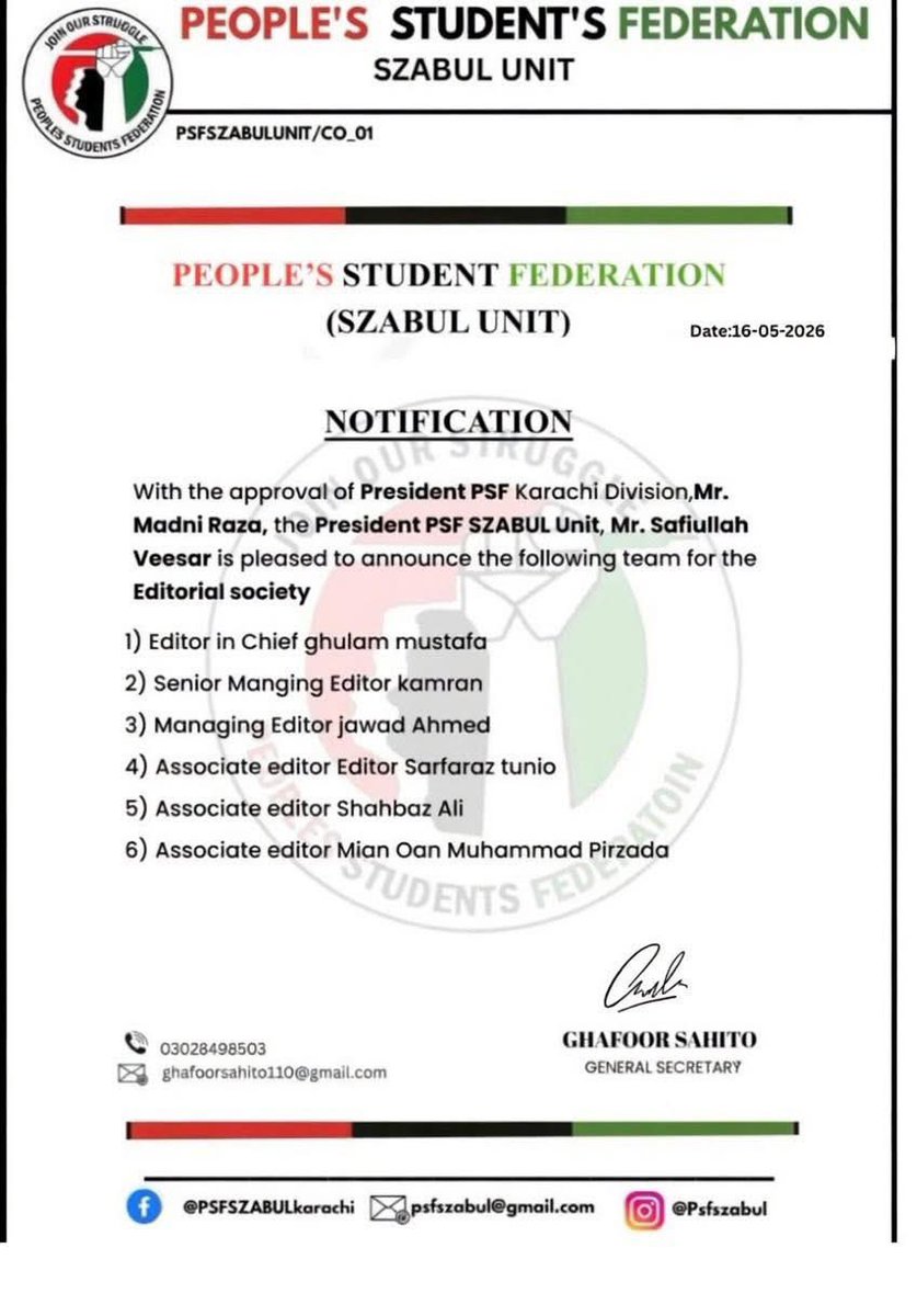 SafiullahPSF's tweet photo. HISTORIC FIRST IN PSF HISTORY

People's students federation Shaheed Zulfiqar Ali Bhutto University of Law Clifton Karachi Unit has taken a historic initiative by establishing dedicated student societies within the unit — a first-of-its-kind step in the history of the Peoples Students Federation (PSF).

Inspired by leading international universities such as the University of Oxford, where student societies develop leadership, professional skills and intellectual engagement, PSF SZABUL Unit is bringing this approach to student politics.

Societies Established;

Moot Court Society:
Promoting advocacy, legal research, courtroom skills and professional development.

Media Society:
Developing skills in journalism, digital media, communication, content creation and political communication.

Editorial Board:
Encouraging research, writing, critical thinking, academic expression and student publications.

This initiative aligns with the vision of Chairman Pakistan Peoples Party  @BBhuttoZardari to empower youth through education, democratic engagement, modern skills and leadership development.

From student politics to professional leadership — PSF SZABUL Unit is setting a new standard.

KNOWLEDGE STRUGGLE REVOLUTION 

President PSF Shaheed Zulfiqar Ali Bhutto university of law Unit @AdvSafiullahPSF

@BakhtawarBZ @AseefaBZ