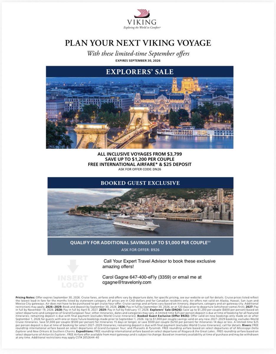 JeanMarGTor's tweet photo. Viking Cruise limited-time September offers call today - 647-400-eFly☎️ #vikingcruise #cruisedeals #LuxuryTravel #Luxurycruise #carolgagnetravelonly https://t.co/1ZIFuxSSUS