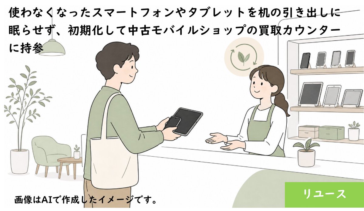 naracity_haitai's tweet photo. 使わなくなったスマートフォンやタブレットを机の引き出しに眠らせず、初期化して中古モバイルショップの買取カウンターに持参する。精密機器をゴミにせず、再び端末として活躍させられます。
#奈良市 #ごみ減量 #リユース #スマホ #断捨離 https://t.co/9KBF4U0tgc