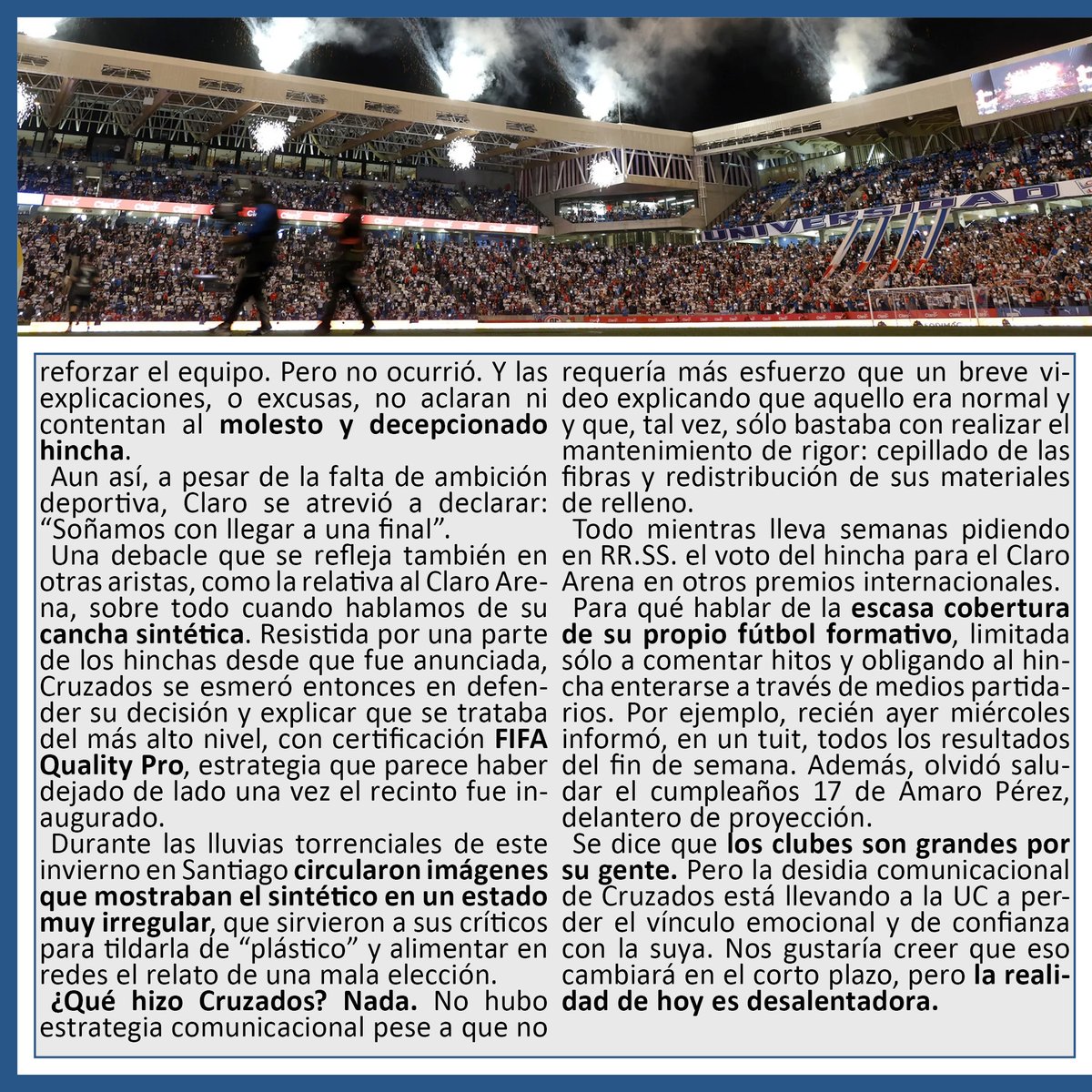 lafranjaradiocl's tweet photo. [EDITORIAL]

🗞️ En este nuevo editorial de Radio de la Cato repasamos la crisis comunicacional que atraviesa @Cruzados y advertimos cómo ésta ha ido deteriorando recientemente el vínculo de la UC con su gente. https://t.co/CmJ0COvfsZ