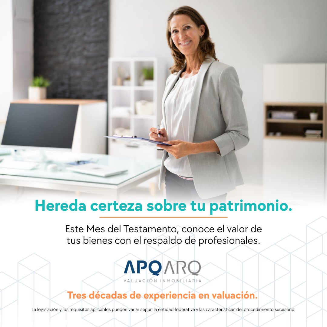 ApqArquitectos's tweet photo. 👉Este #MesDelTestamento, da un paso importante para proteger y ordenar tu patrimonio.

Con APQ Arquitectos Valuadores, conoce el valor de tus bienes con el respaldo de tres décadas de experiencia en valuación.

📩 Acércate a nosotros y solicita tu avalúo.

#Avalúo #Herencia https://t.co/6xk7q9cBfh