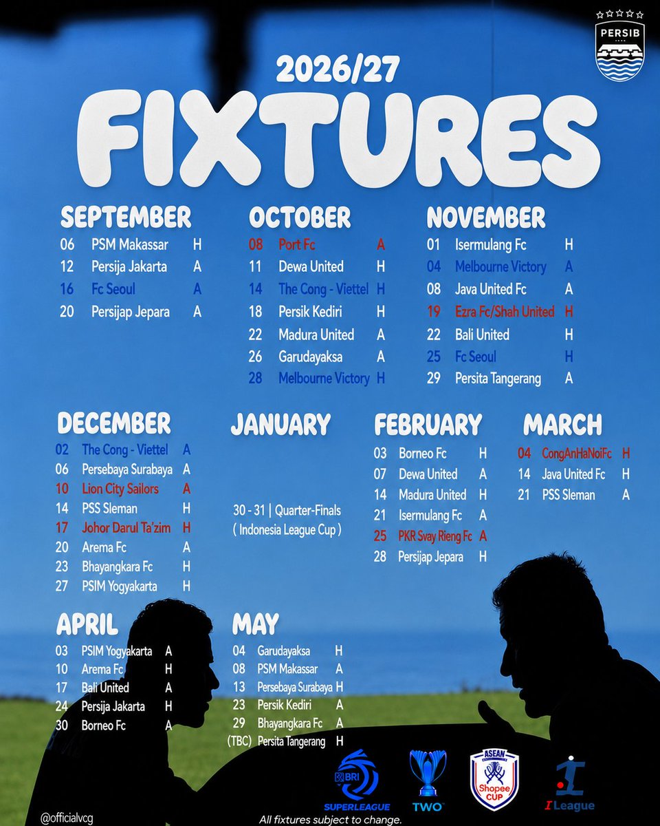 officialvcg_'s tweet photo. Jadwal PERSIB 2026/27 🐯

Persib Bandung akan menghadapi tantangan berat dengan jadwal padat di 4 kompetisi yang di ikuti ! 

• Bri Super League 
• AFC Champions League Two 
• Asean Club Championship
• League Cup Indonesia 

#persib https://t.co/oP0MZsL3pU