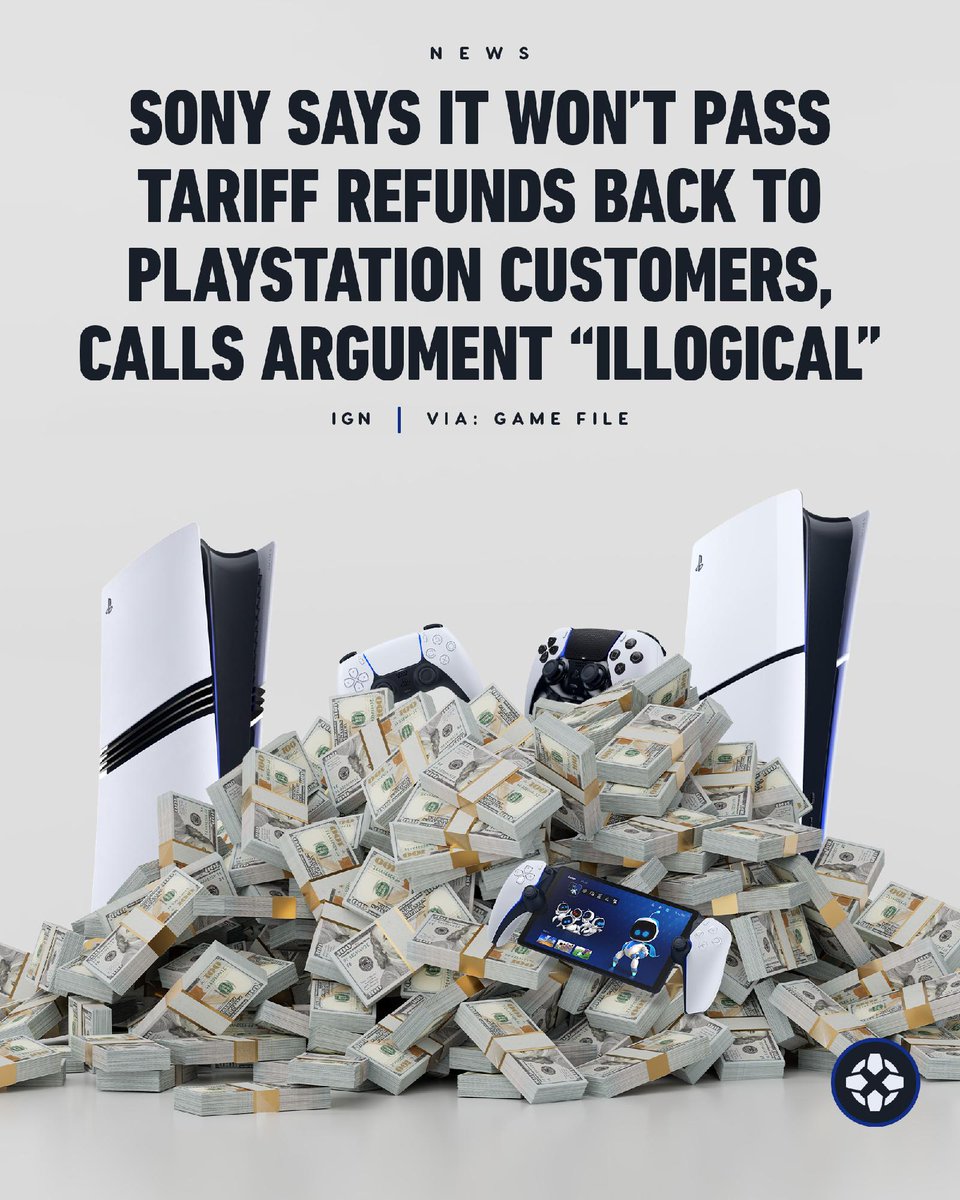 IGN's tweet photo. Sony has dismissed calls from PS5 owners to return some of the $500 million it will receive in tariff refunds, despite having already passed its extra costs onto consumers through console price rises.  https://t.co/iDlJLDbRdK https://t.co/6KxyyDA4um