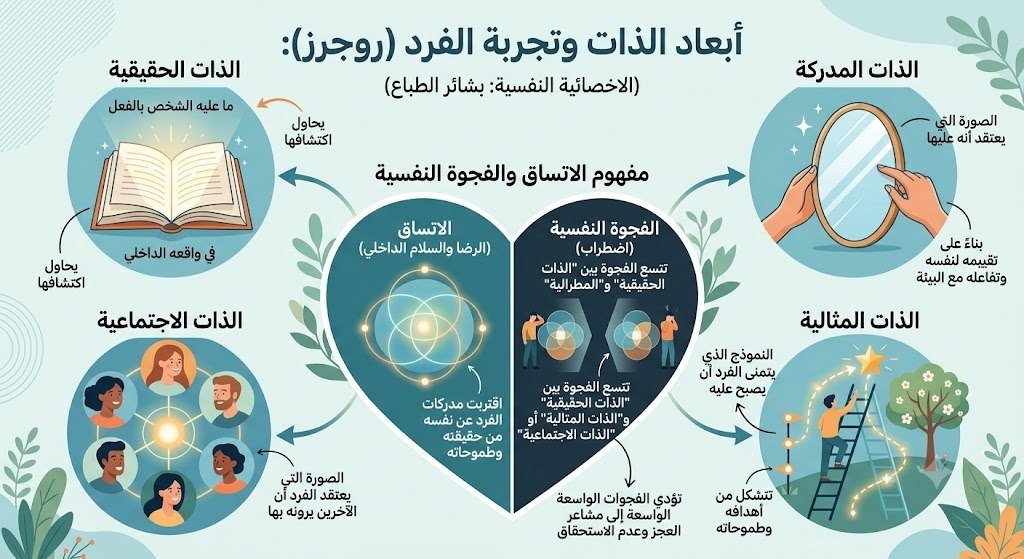 bashairaltabbaa's tweet photo. أبعاد الذات وتجربة الفرد (روجرز):
أكد "روجرز" أن لكل فرد حقيقته الخاصة التي يخوضها بأسلوب فريد، وأن هذا الإدراك الذاتي هو العامل الحاسم في صياغة شخصيته. وحدد للذات أربعة أبعاد رئيسية:
الذات الحقيقية: ما عليه الشخص بالفعل في واقعه الداخلي، والتي يحاول اكتشافها.
الذات المدركة: الصورة التي يعتقد الفرد أنه عليها بناءً على تقييمه لنفسه وتفاعله مع البيئة.
الذات الاجتماعية: الصورة التي يعتقد الفرد أن الآخرين يرونه بها.
الذات المثالية: النموذج الذي يتمنى الفرد أن يصبح عليه، وتتشكل من أهدافه وطموحاته.
ترتكز هذه النظرية على "مفهوم الاتساق والفجوة النفسية". فالاضطراب النفسي يحدث عندما تتسع الفجوة بين "الذات الحقيقية" و"الذات المثالية" أو "الذات الاجتماعية". كلما اقتربت مدركات الفرد عن نفسه من حقيقته وطموحاته، تحقق لديه الرضا والسلام الداخلي، بينما تؤدي الفجوات الواسعة إلى مشاعر العجز وعدم الاستحقاق.