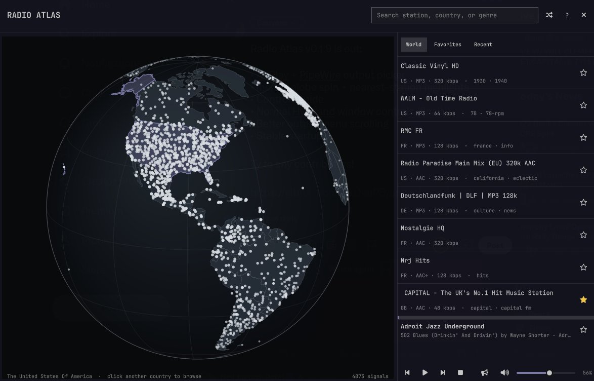 apunlisted's tweet photo. Radio Atlas v0.1.9 is out:

• AirPlay + PipeWire output picker
• Inertial globe spin + nearest-station highlights
• Controls guide
• Normal Hyprland window controls (finally)
• Better output menu scrolling
• Stable startup

Ty to any contributors!

https://t.co/TufmxcUup0 https://t.co/wDOkC0hHWe