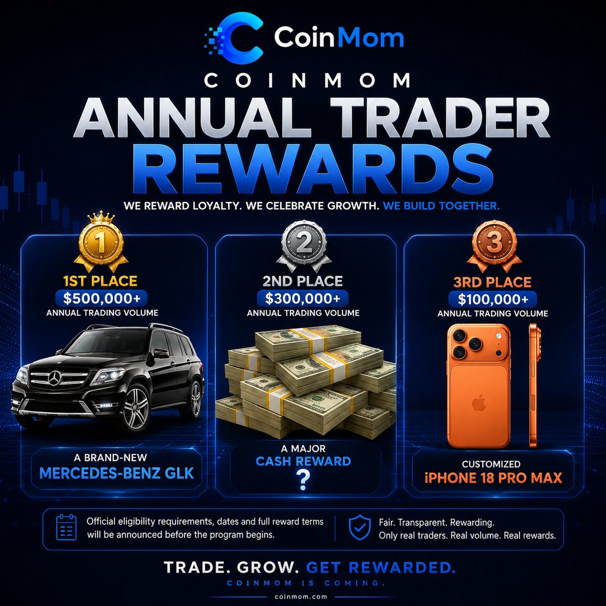 CoinMomPay's tweet photo. 🏆 COINMOM ANNUAL TRADER REWARDS 🚀

We’re not just building a crypto platform, we’re building a community where our customers can grow with us and be rewarded. 🔵

Every year, CoinMom plans to recognize our top eligible traders based on verified annual trading volume:

🥇 1st Place — $500,000+
🎁 A Brand-New Car

🥈 2nd Place — $300,000+
🎁 A Major Cash Reward

🥉 3rd Place — $100,000+
🎁 Customized iPhone 18 Pro Max

As CoinMom grows, we plan to introduce even bigger rewards, more benefits and more opportunities for our community.

📌 Official eligibility requirements, dates and full reward terms will be announced before the program begins.

Trade. Grow. Get rewarded.

🚀 CoinMom is coming. 🔵

#CoinMom #Crypto #Web3 #CryptoCommunity #CryptoTrading #CoinMomRewards