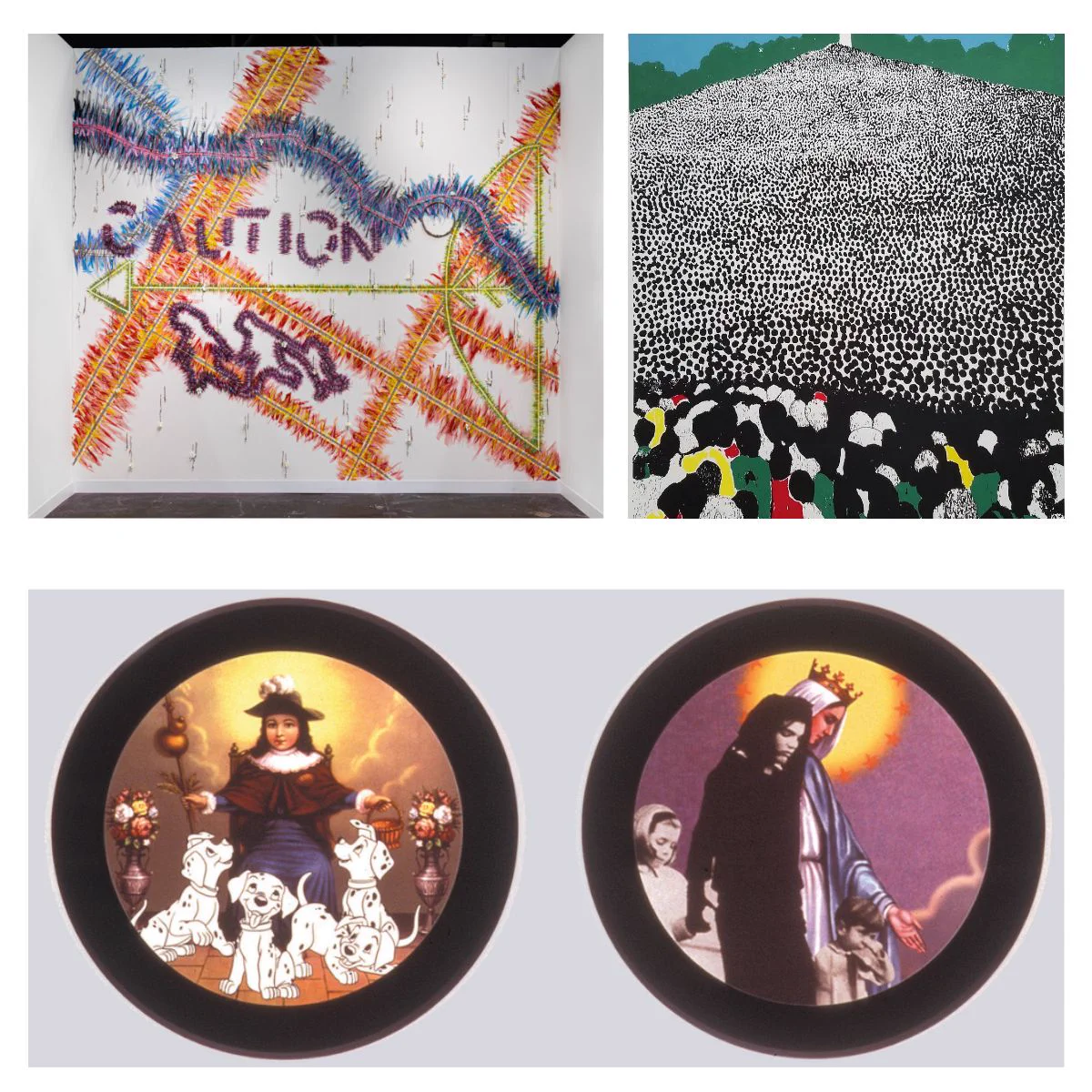 A composite image of three artworks. On top, side by side: Consuelo Jimenez Underwood's fiber art wall installation spelling "CAUTION" in colorful woven thread (shown at The Armory Show with Ruiz-Healy Art, New York, NY, 2023), and Tim Davis's 2017 silkscreen print "Together As One," depicting a dense crowd before a white pyramid-shaped monument. Below, spanning the width: Bibiana Suárez's 1997-1998 digital prints "El niño Atocha con dálmatas / Little Jesus with Dalmatians" and "Jackie," two circular images showing a saint-like figure with animated 101 Dalmatians puppies and a photograph of Jackie Kennedy with her children Caroline and John Jr. from the funeral processional, placed alongside a veiled, crowned religious icon.