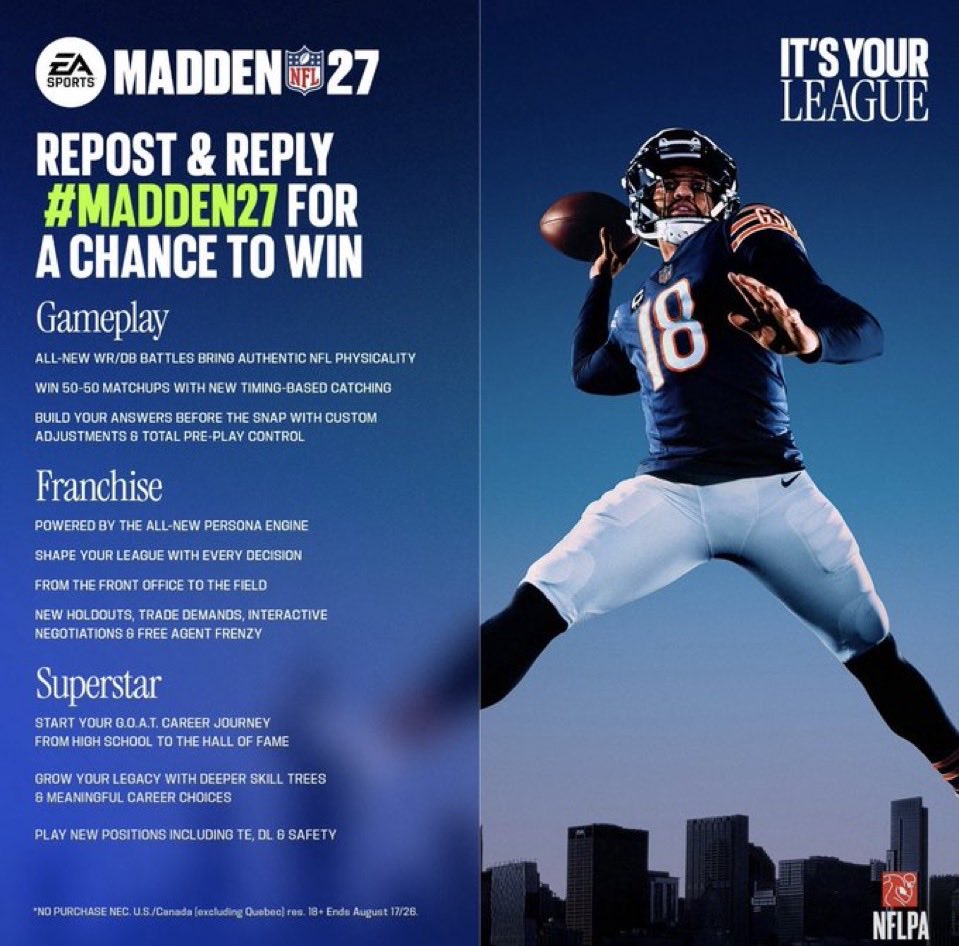 NFL_Talk_Sports's tweet photo. 🚨 Giveaway 🚨

I was able to get 2 more codes to giveaway for #Madden27!!!

How to enter:

1. RT &amp; Like this post.

2. Follow @NFL_Talk_Sports

3. REPLY with your NFL team.

I have 1 Xbox &amp; 1 PS5 code. https://t.co/nFQa0Bm9or