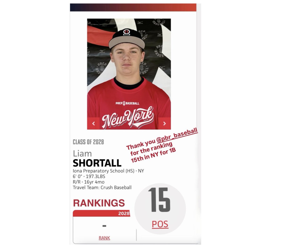 LiamShortall_28's tweet photo. Thanks @prepbaseball for my ranking. #15 in NY for 1B 
Liam Shortall: Iona Prep '28 • 4.0 GPA • 6'0" • 197 LBS #Baseball #CollegeBaseball #Recruiting #classof2028 https://t.co/bWJyQE3MzG