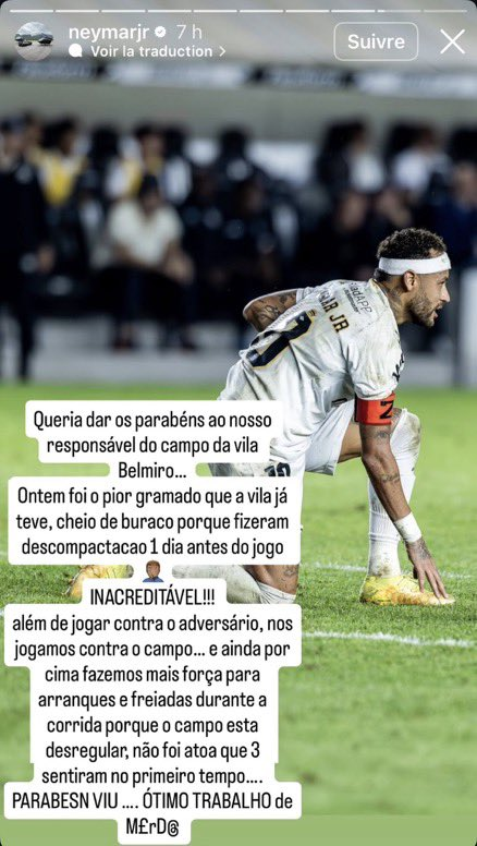 TouchlineX's tweet photo. 🚨 𝗡𝗘𝗪: Neymar criticized Santos' pitch staff following the club’s Copa do Brasil elimination by Palmeiras:

"Yesterday, the pitch at Vila was the worst it’s ever been—full of holes..."

"UNBELIEVABLE!!!"

"On top of playing against the opposition, we had to play against the pitch... And to make matters worse, we have to exert more effort when accelerating and braking while running because the surface is uneven."

"It’s no coincidence that three players felt something as early as the first half...  BRAVO, HUH... A SH*TTY JOB WELL DONE."