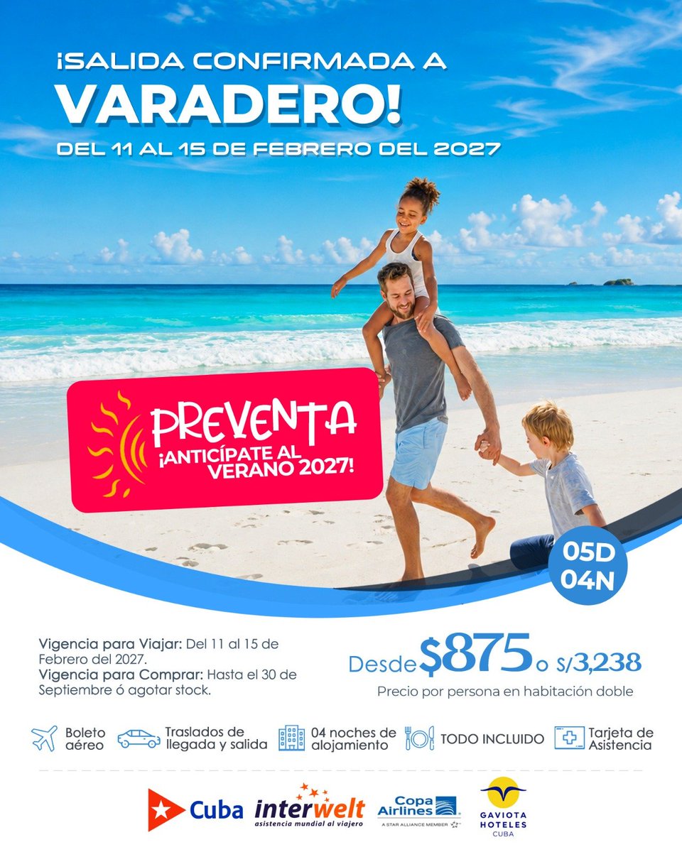 _TravelPartners's tweet photo. #PREVENTA ANTICÍPATE AL VERANO 2027 🥲 ¡Vacaciones de Verano en Varadero 5D4N! ✨😉❤️ https://t.co/37Yz4CXhJ0