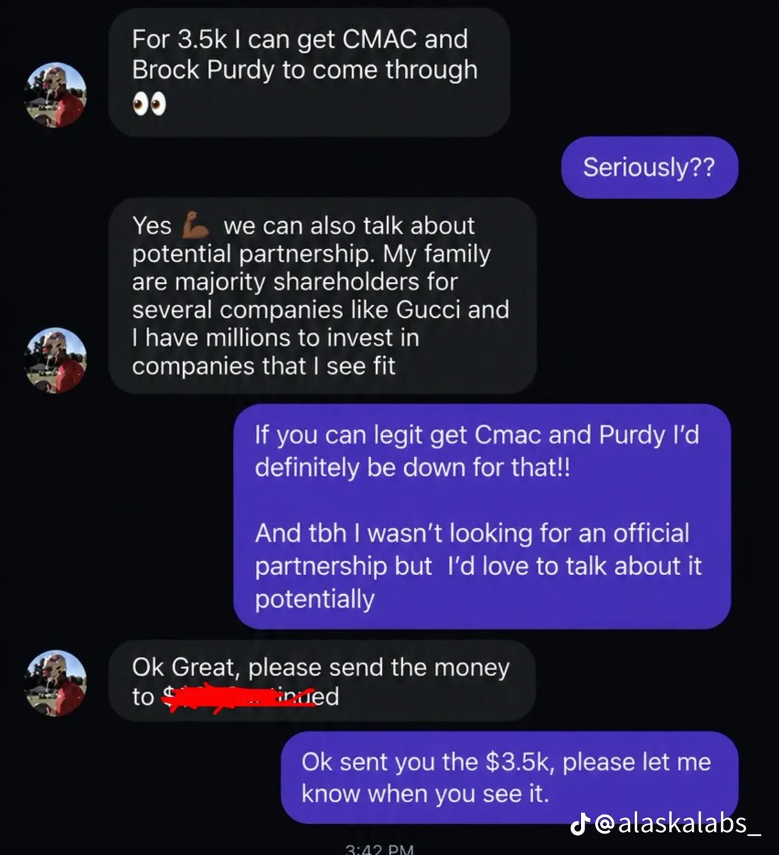 MLFootball's tweet photo. 🚨🚨THIS IS INSANE🚨🚨

Daejon Love allegedly SCAMMED A PEPTIDE COMPANY out of $3,500 by claiming he could get #49ers stars Christian McCaffrey and Brock Purdy to work with them.

😳😳😳

They posted screenshots on TikTok: https://t.co/Bh8FKbZ6qr