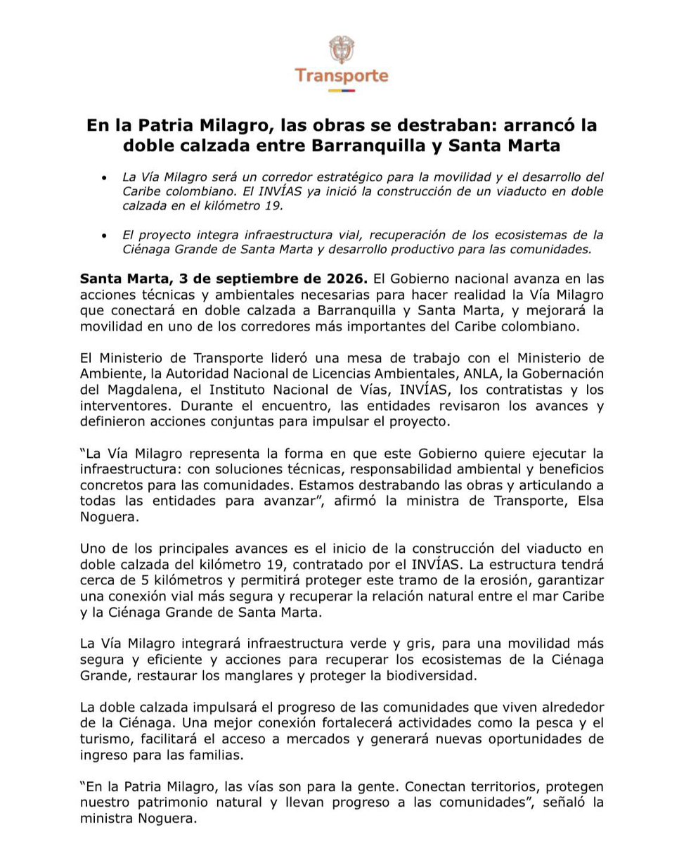 MinTransporteCo's tweet photo. En la #PatriaMilagro, las obras se destraban. Arrancó la Vía Milagro que conecta Barranquilla y Santa Marta en doble calzada y protegerá la Ciénaga Grande. https://t.co/t4Qox6GHRg