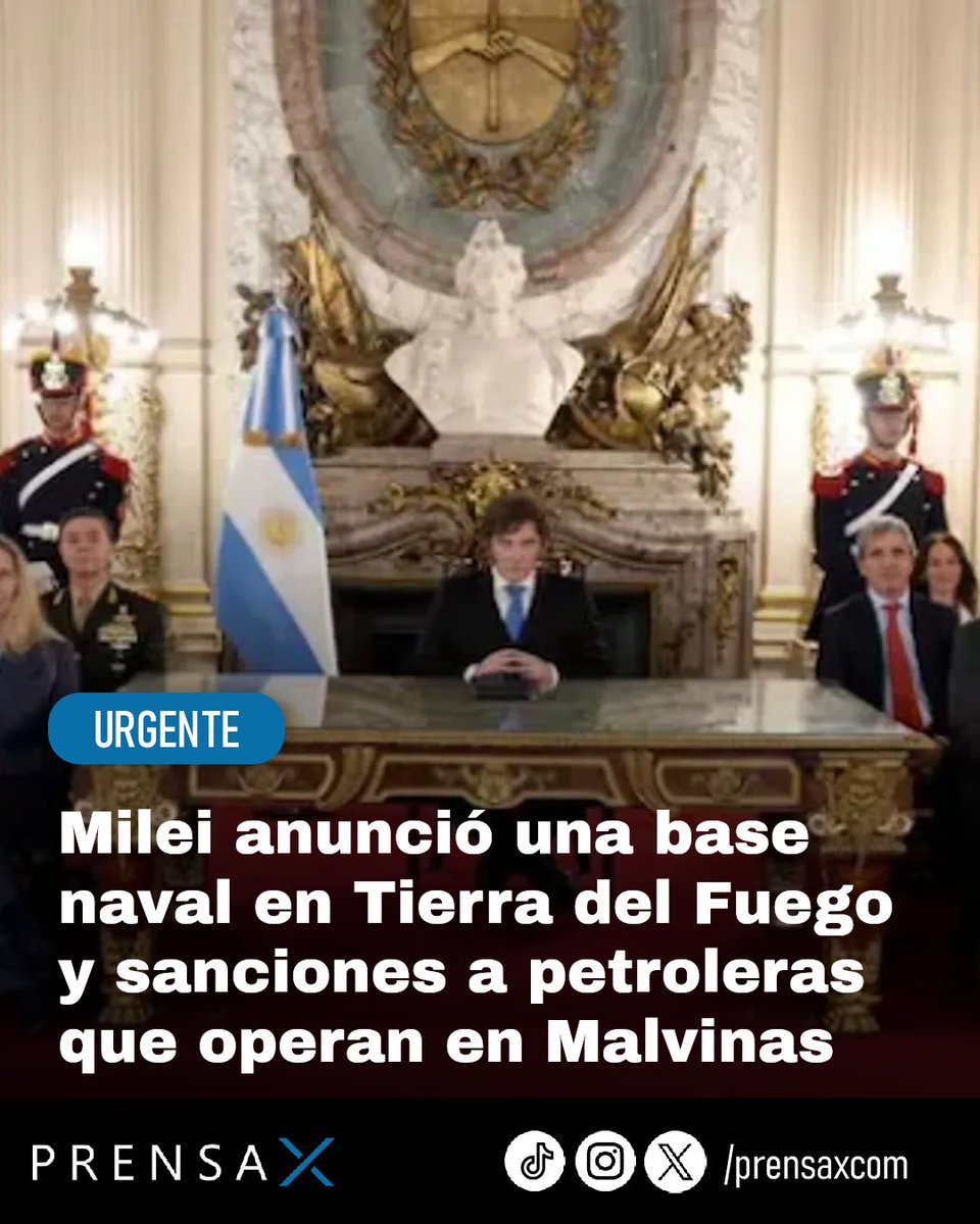 prensaxcom's tweet photo. Milei anunció base naval en Tierra del Fuego y sanciones a petroleras que operen en Malvinas. #malvinasargentinas #milei #soberania @prensaxcom https://t.co/wToS0Cv9EZ