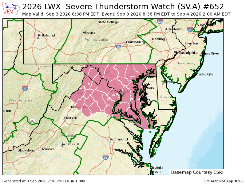 EricBourgois30's tweet photo. LWX issues Severe Thunderstorm Watch for 1 counties in [DC] and 14 counties in [MD] and 22 counties in [VA] and 3 counties in [WV] till Sep 4, 2:00 AM EDT https://t.co/IFwhf78Zfn https://t.co/LKxhzor05l