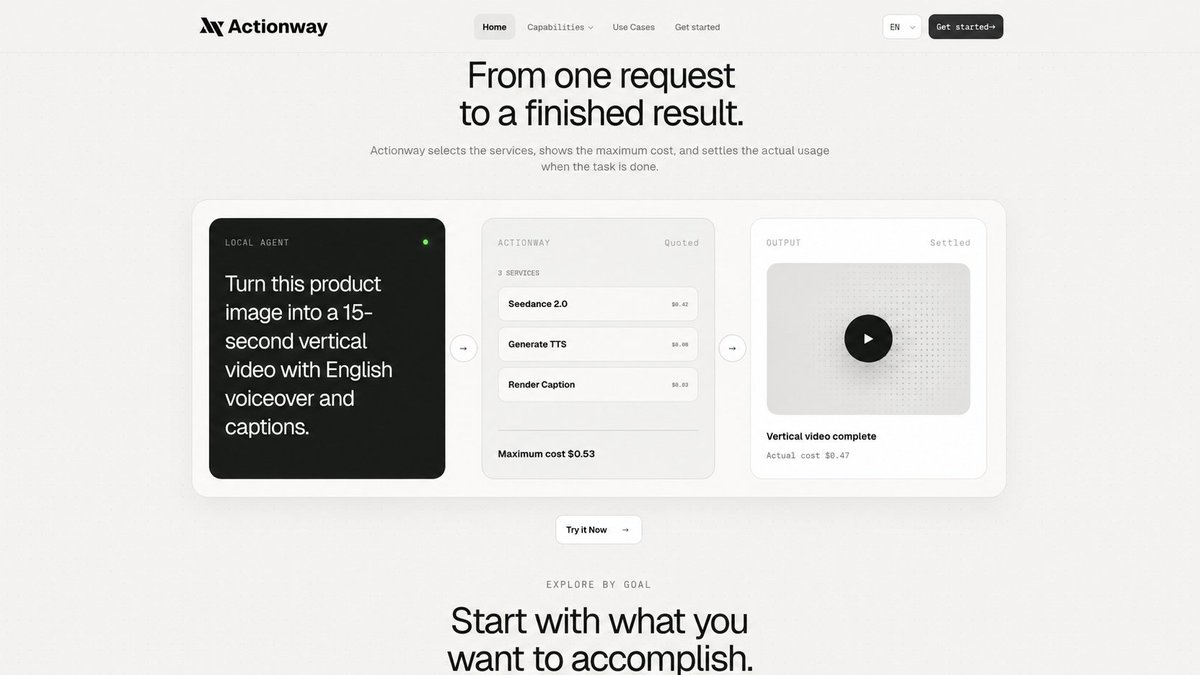 ngikook's tweet photo. My lyric-video stack is Seedance video, TTS voice, captions. Actionway's quote card for exactly that chain: quoted $0.53, settled $0.47. A full video pipeline for less than a coffee. @Actionwayai #Actionway https://t.co/oS8Pdcfh0U