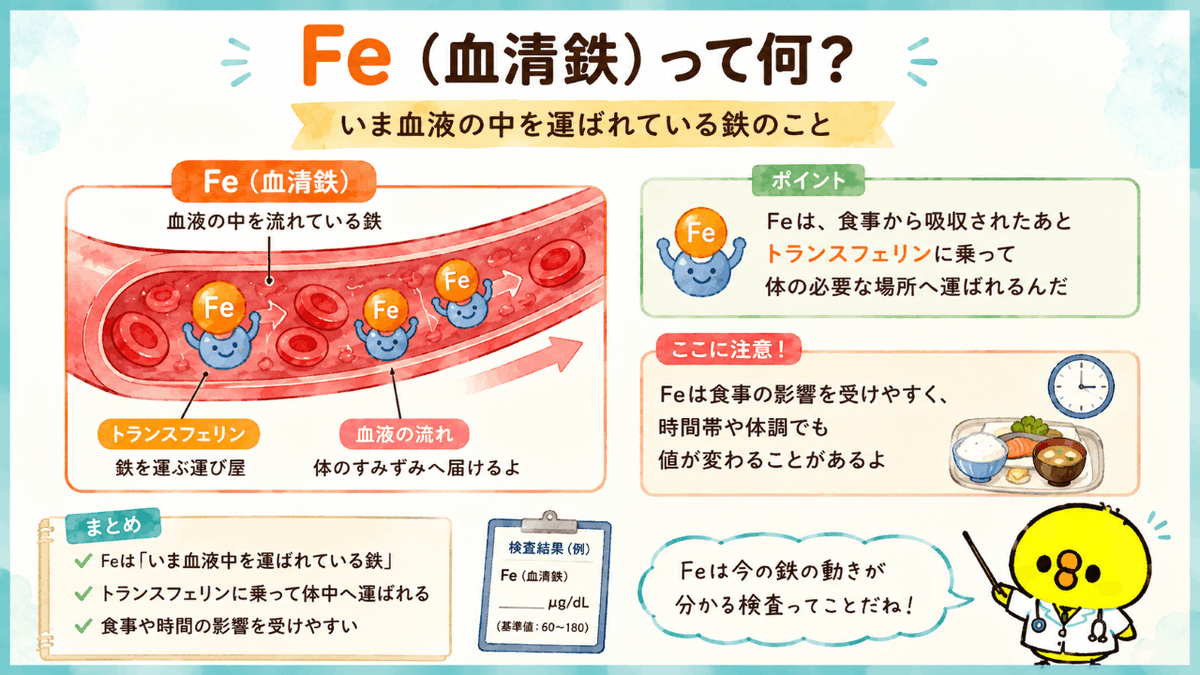 kensa_pisuke's tweet photo. 【Feはあるものにのって運ばれている】

血液検査のFeは、血液中を運ばれている鉄を見る検査になるよ。

でも鉄がそのまま流れているわけじゃなくて、
トランスフェリンに結合して体の必要な場所へ運ばれているんだ。

ちなみに鉄欠乏ではFeが低くなることがあるけど、
Feが低いからといって鉄欠乏とは限らないんだ。

というのも、炎症などでも低くなることがあるからだね。
あと実は、食事や採血する時間などでも変動することがあるよ。

だから、鉄といってもFeだけを見て「足りない」と決めるんじゃなく、
他の鉄関連検査と組み合わせて確認することが大切なんだよ。