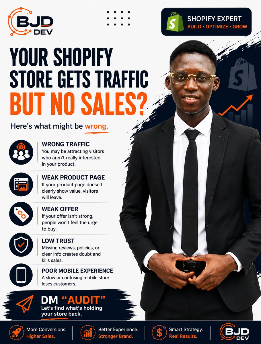 bj__dev's tweet photo. Getting traffic but not enough sales?

The problem may not be your traffic.

It could be your product page, offer, trust, or mobile experience.

Before spending more on ads, make sure your store is built to convert visitors into customers. 📈

DM “AUDIT” https://t.co/5YeoNohZml
