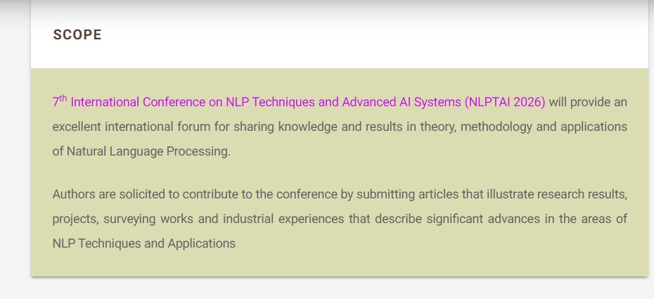 ijcsitjournal2's tweet photo. 7th International Conference on NLP Techniques and Advanced AI Systems (NLPTAI 2026)
November 27 ~ 28, 2026, Zurich, Switzerland
https://t.co/dE9kpfHTqd
Submission link : https://t.co/iCoiSEHmeg
#NLP #semanticsearch #SemanticSegmentation #Ontology #web #webseries https://t.co/QJmpHzcQym