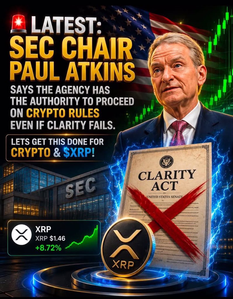 XRPCryptoNews's tweet photo. 🚨 LATEST: SEC Chair Paul Atkins says the agency has authority to keep advancing crypto regulations even if Congress doesn’t pass the CLARITY Act.

Regulatory clarity remains a major piece of the puzzle for XRP and the broader U.S. crypto market. https://t.co/l0mjj3faeD