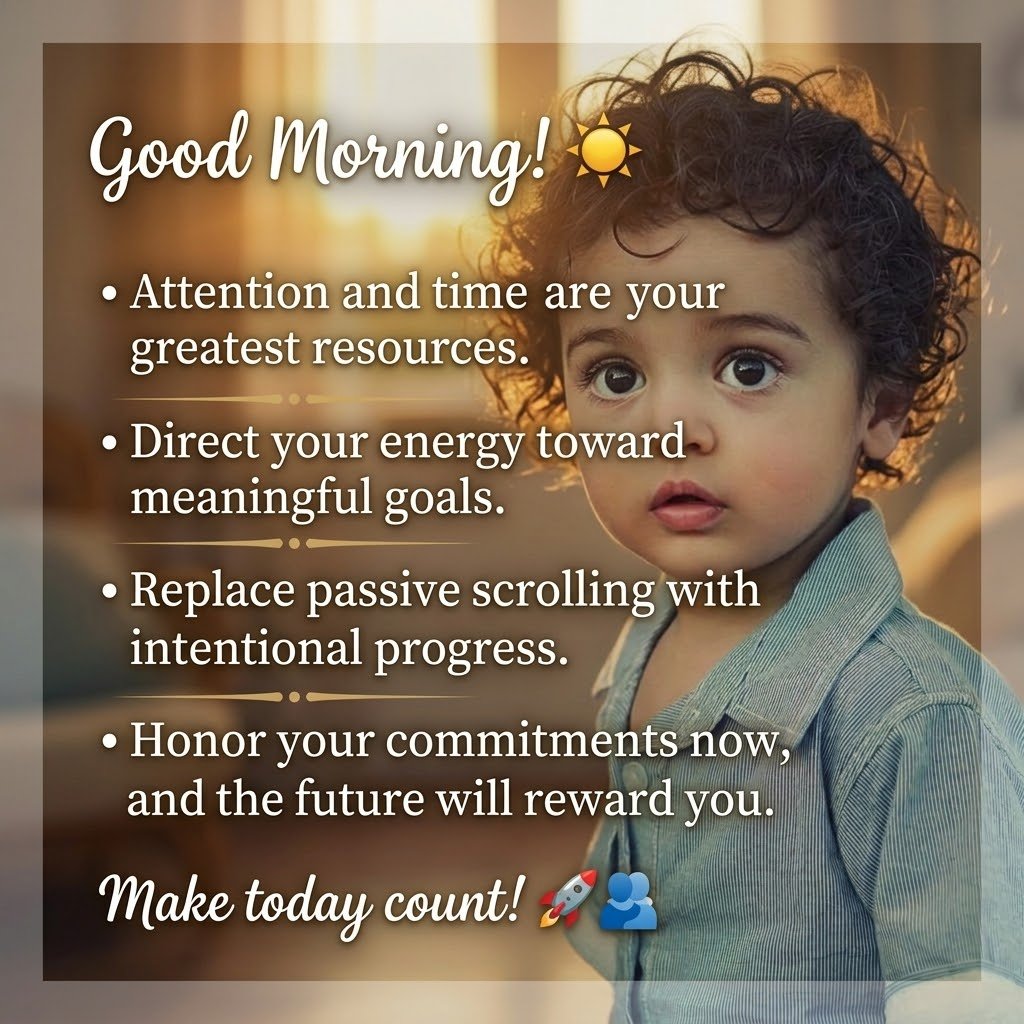 mr_aniqul's tweet photo. Good morning! ☀️

The two most valuable currencies today are attention and time. Every moment lost is gone forever, making focus your greatest competitive advantage.

 * Protect Your Focus: Direct your energy toward meaningful goals instead of letting distractions control your day.

 * Invest in Action: Avoid idleness by replacing passive scrolling with intentional progress.

 * Respect Time Today: Honor every hour now, and the future will reward your dedication with real success.
Make today count! 🚀