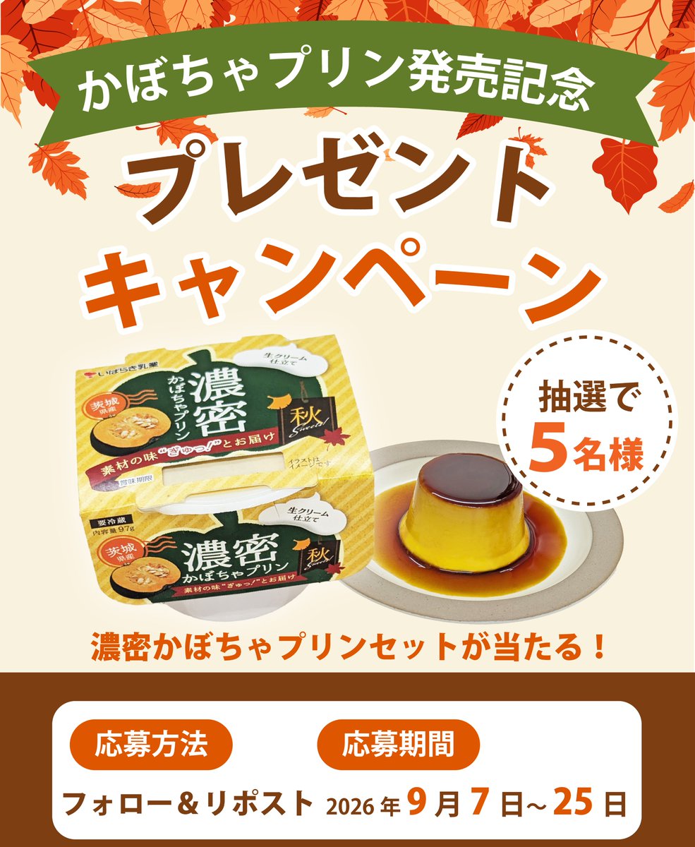 ibaraki_milk's tweet photo. 本日9月7日から
かぼちゃのほくほく感をそのまま味わう
 #濃密かぼちゃプリン 発売開始🎃✨

発売を記念して、抽選で濃密かぼちゃプリン詰め合わせセットをプレゼント！
#プレゼントキャンペーン開催 

【応募詳細】
①＠ibaraki_milkをフォロー
②この投稿をリポスト
規約はリプ欄へ👇 https://t.co/ofsjzwcs0Y