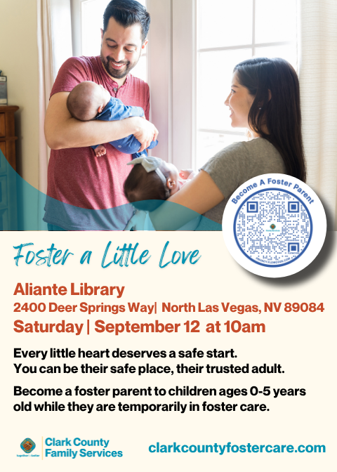 ClarkCountyNV's tweet photo. Foster a little love. 👶❤️ Every little heart deserves a safe start, a trusted adult, and a safe place to land.

Join Clark County Family Services for a foster care information session focused on caring for our community's youngest children. Learn how you can become a foster parent and make a lifelong difference for children ages 0–5 while they are temporarily in foster care.

📍 Aliante Library (2400 Deer Springs Way)
📅 September 12 | ⏰ 10 a.m.

Take the first step toward opening your heart and home.

RSVP: https://t.co/sxdH4tUZS9