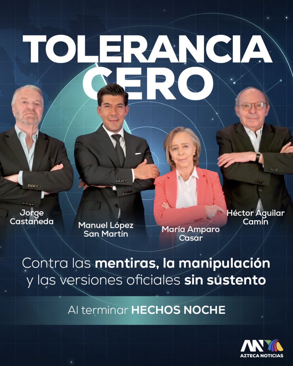 jmazpiroz's tweet photo. Qué risa ver a muchos molestos porque  @AztecaNoticias estrenó un programa de análisis político con @amparocasar, @aguilarcamin y @JorgeGCastaneda conducido por @MLopezSanMartin. 

¿Pues qué no les había pedido ya la presidenta que no vieran @azteca? ¡Los van a regañar por desobedientes! 😂

Increíble que les moleste que personajes de larga trayectoria, con obra publicada (+40 libros entre los tres), cátedras e iniciativas ciudadanas como @MXvsCORRUPCION, tengan un espacio en TV para opinar. 

Se puede o no coincidir con ellos. No pasa nada. De eso se trata una democracia. México 🇲🇽 necesita espacios con voces críticas y que el televidente decida libremente qué pensar (y si no le gusta, cambiarle de canal).

En vez de indignarse por una mesa de análisis en la TV privada deberían indignarse de que la TV pública (que pagamos todos) esté repleta de mesas de payasos, moneros e improvisados que cobran por hacer propaganda disfrazada de análisis. Eso sí es una tragedia. Como en el peor PRI…

Para ser de “izquierda” llama la atención que tengan #ToleranciaCero cuando se trata de pluralidad. 🤷🏼‍♂️

Como diría mi abuela: “hasta lo que no comen (ven) les hace daño” 🤣🤣🤣

Así que ya lo saben: Miércoles al terminar @NoticieroHechos por @AztecaUNO 😜