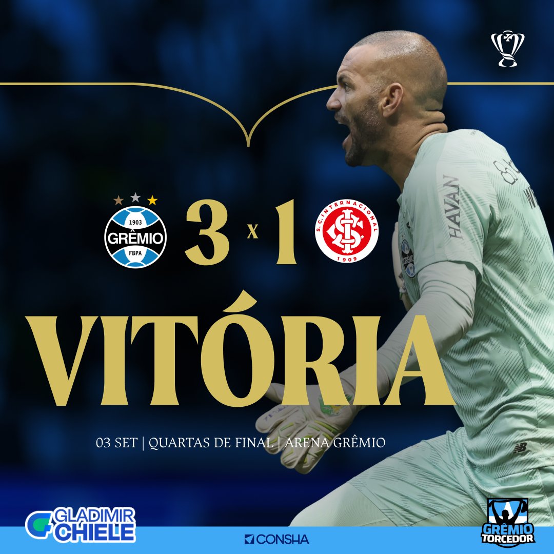 MGT2026's tweet photo. O GRÊMIO VENCEU O GRENAL E ESTÁ NA SEMIFINAL! 🇪🇪🏆

O Tricolor fez valer a força da Arena, venceu por 3 a 0 e garantiu a classificação para a semifinal da Copa do Brasil! Carlos Vinícius marcou duas vezes e Krovi fechou o placar com seu primeiro gol pelo Grêmio.

O Internacional teve suas chances e desperdiçou. O Grêmio foi mais eficiente, aproveitou as oportunidades e decidiu o clássico.

EM GRENAL DECISIVO, DEU GRÊMIO! 🇪🇪