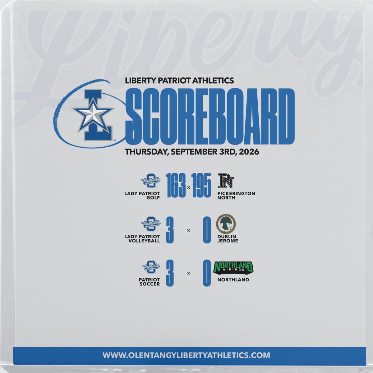 LHSAthleticDept's tweet photo. FINAL SCORES | 9/3/26
The Patriots complete a sweep on the day with wins from Girls โณ๏ธ, ๐, and Boys โฝ๏ธ!
#GoPatriots | #TheLibertyWay https://t.co/EdKPrff4cD